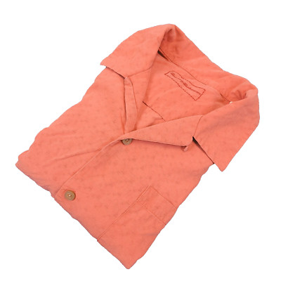 Tommy Bahama Hawaiian Men L Button Up Pastel Orange 100% Silk Geometric Stitch