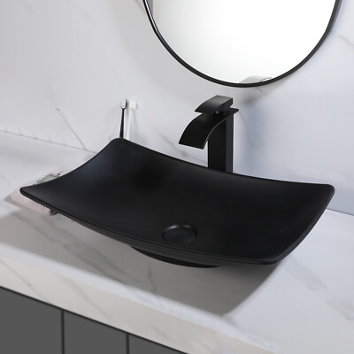 MINIFOUCET White Ceramic Vessel Sink Basin With Black Faucet Mixer Tap & Drain – Round, Contemporary, 410mm, Freestanding