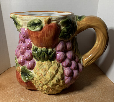 Baum Bros Style Eyes Raised Fruit Pitcher Pineapple Grapes, Apples 7''
