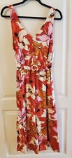 Nine West Women's M Rayon/Linen Midi Dress Sleeveless V-Neck Smocked Back Multi 