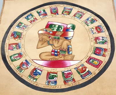 Mayan Calendar Hand Painted on Brown Suede Leather 16''x 16'' Colorful