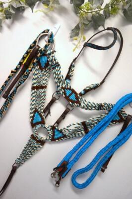 Full H Headstall Breastplate Dark Lthr SW design Teal corded-Option of Reins