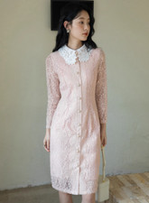 Womens Retro Jacquard Long-sleeved Shirt Skirt Thin Temperament Lace Dress Pink