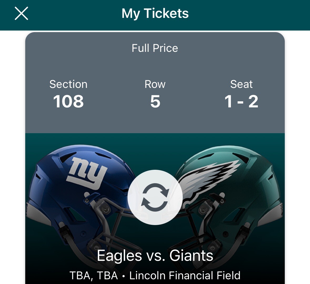 2 Philadelphia Eagles vs New York Giants Tickets TBD Sec 108 Row 5 