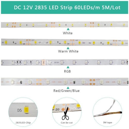 RGB LED Strip Light 5050 2835 DC12V Flexible LED Tape 60LEDs/m 5M 12V LED Strip - Picture 2 of 6