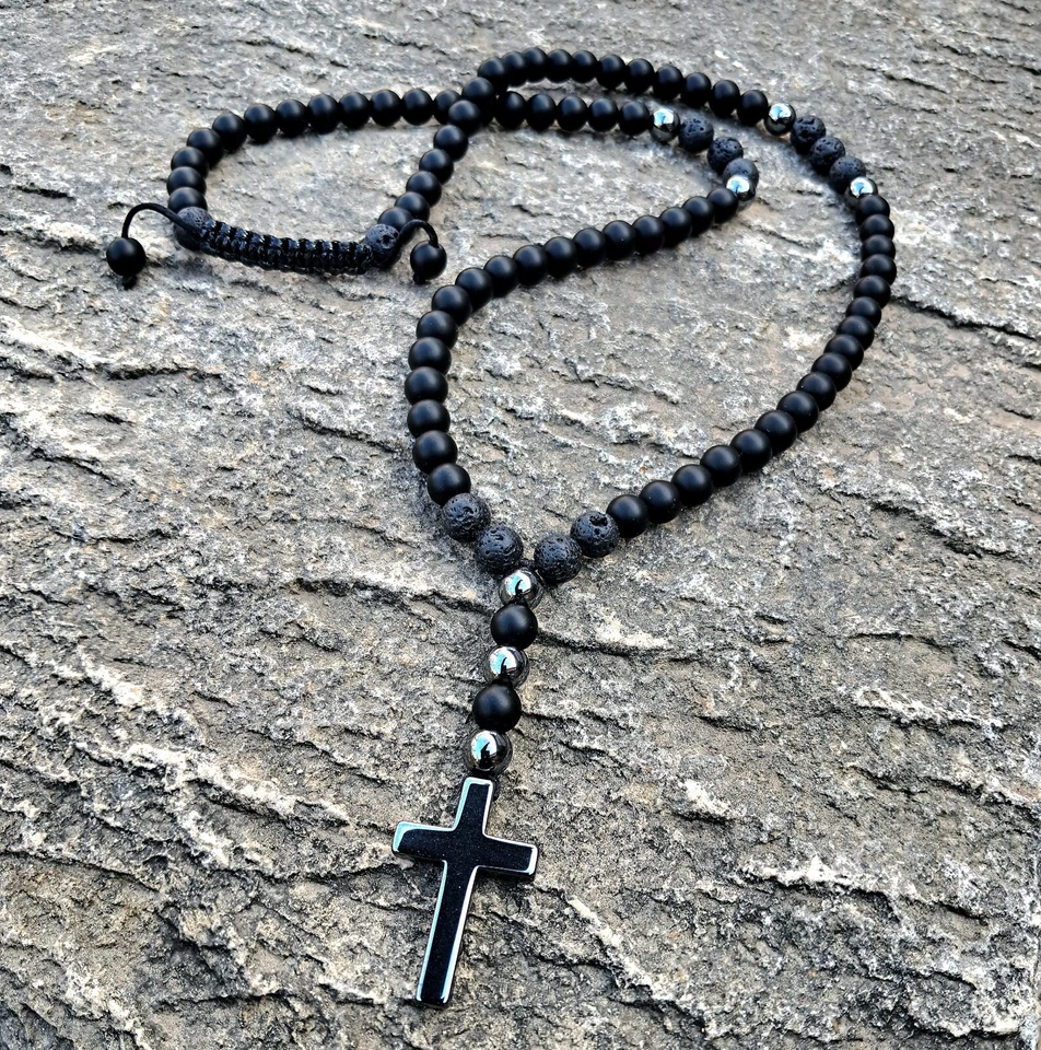 Herren Perlenkette Schwarz Onyx Lava Stein Kreuz Hämatit Geschenk - Bild 3 von 4
