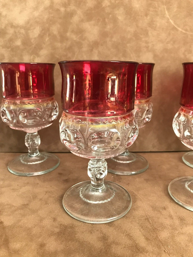 TIFFIN Kings Crown Cranberry Thumbprint Set of (5) Water/Wine Goblets 5 3/4" - Picture 3 of 6