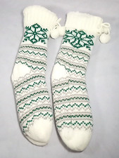 Pair Women's Slipper Socks w/ Gripper Soles Fleece Lined Green/Gray/Ivory NWOT