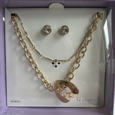 Guess Gold-Tone & Shimmering Heart Rhinestone Necklace and Earring Set. 14 /16 