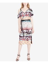 RACHEL ROY Womens Orange Floral Short Sleeve Tea Length Faux Wrap Dress Size: 0