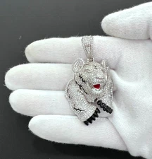 Tiger Head Face Pendant Mens Charm 925 Sterling Silver CZ Iced Out 2.2 inch