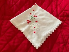 Vintage Valentine's Day Hankie Embroidered Red Hearts Roses Scalloped Edge