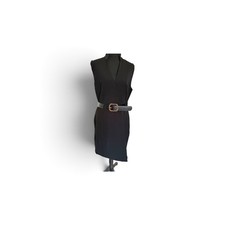 Womens Black Sleeveless V-Neck Sheath Dress with Belted Waist and High Neckline