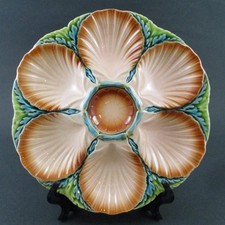 FRENCH majolica OYSTER PLATE s - Scallop Shells, Seaweed - SARREGUEMINES