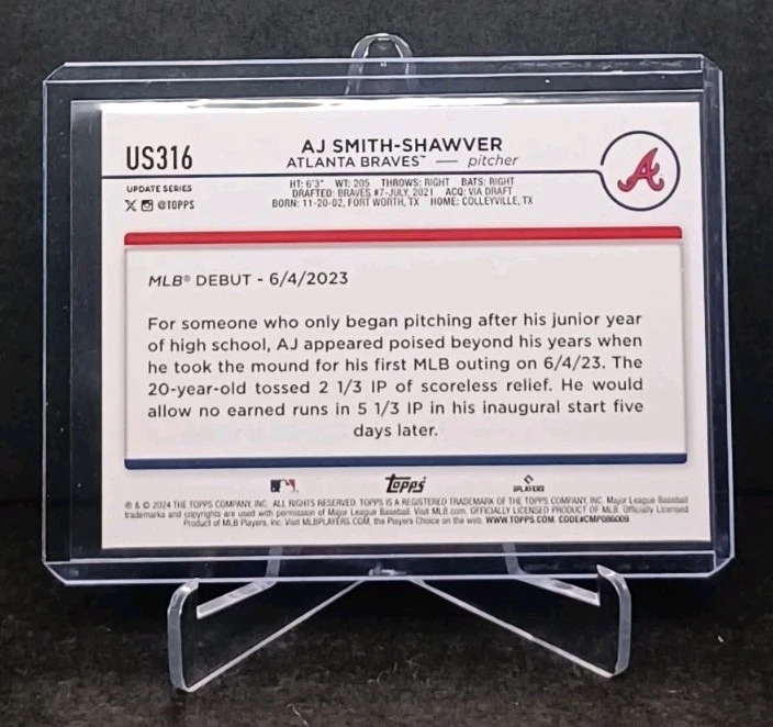 2024 Topps Update Series #US316 & #SMLB-75 Insert AJ Smith-Shawver RC Lot Braves - Image 3 of 4