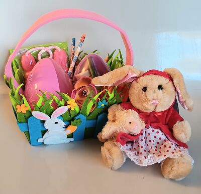 Filled Easter Felt Basket, Containers, Pencils, Bubbles, Stuffed Bunny & More