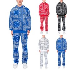 Victorious Men's Bandana Print Pullover Cargo Flared Fleece Set ST890