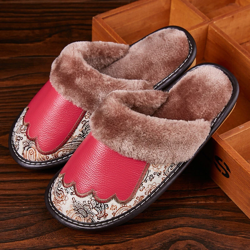 Womens leather fleece lined hotsell slippers