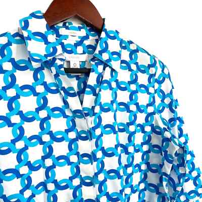 Chicos Sz 0 Small 4/6 No Iron Blue Geometric 3/4 Sleeve Blouse