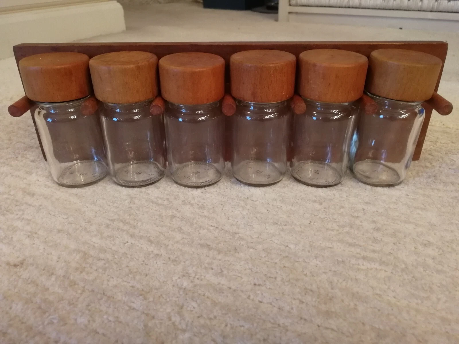 Wooden wall mounted 6 glass jar spice rack
