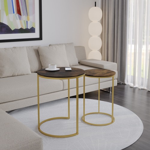 2Pc Round Nesting Stackable Sofa Side Bedside End Table Set Wood Top Metal Legs - Picture 59 of 70