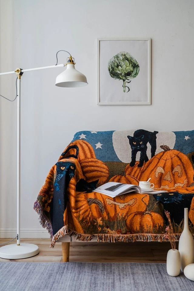 Halloween Pumpkin Black Cat Cotton and Polyester Blanket Throw - Image 4 of 4