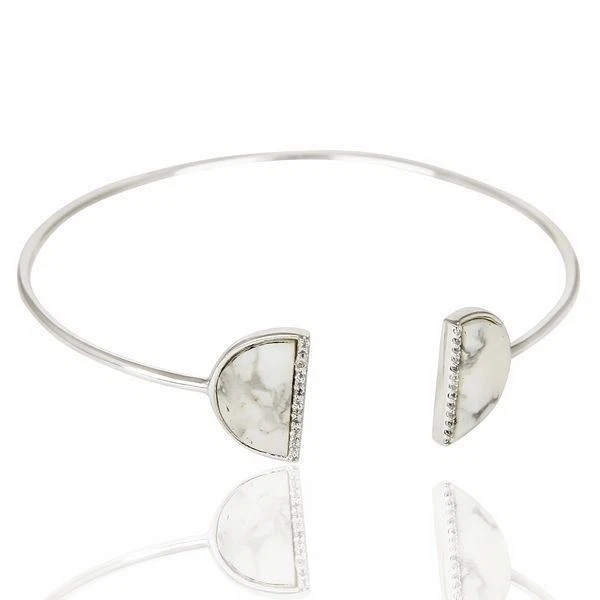 Natural White Howlite CZ 925 Sterling Silver Bangle Bracelet Gemstone Jewelry - Image 2 of 3
