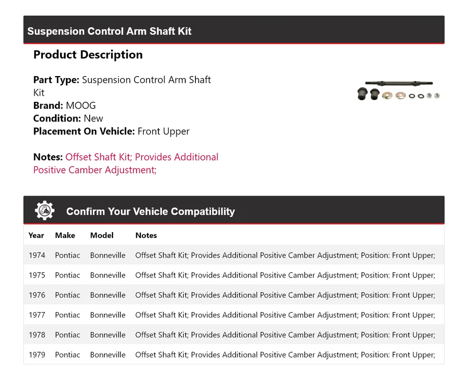 For 1974-1979 Pontiac Bonneville Suspension Control Arm Shaft Kit MOOG 1974 1975 - Image 2 of 4