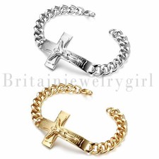 Stainless Steel Jesus Crucifix Cross Prayer Curb Chain Bracelet Wristband Men