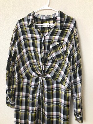 caslon shirt dress NWT CASLON Twist Front Shirt Dress Adele Plaid Dress Midi Plus 1X Black  Yellow