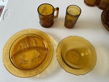 Vintage Tiara Indiana Glass Amber Nursery Rhyme Plate Cup Bowl Set Mother Goose