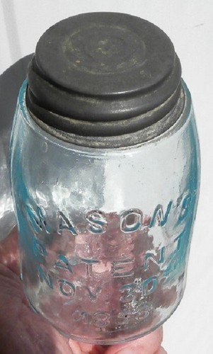 Old Original Mason's Patent Nov. 30, 1858,Hero Cross, Aqua Midget Fruit Jar, Cap - Picture 8 of 10