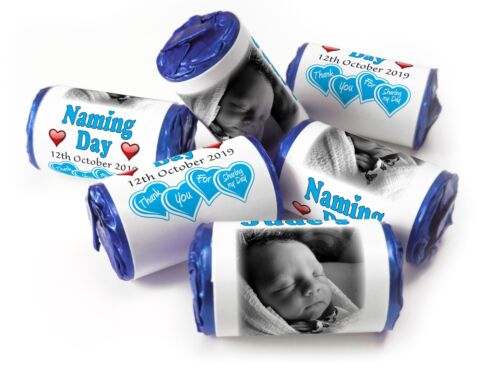 Naming Day Personalised Favours Love Heart Sweets Blue Foils your Image - Picture 1 of 2