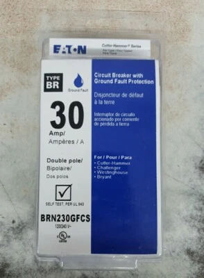 NEW EATON BRN230GFCS 2 Pole 30A 240V Circuit Breaker GFCI Ground Fault BRN230