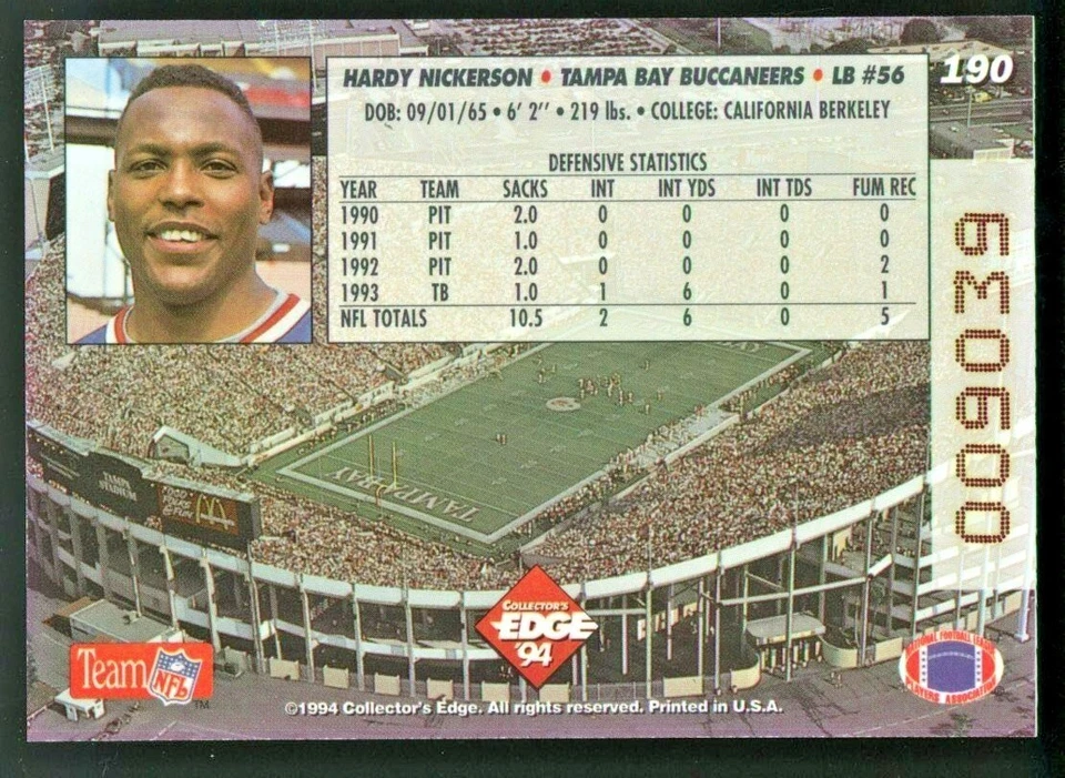 Nickerson Hardy 1994 Collector's Edge Pop Warner Bronze Card  #190 - Image 2 of 4