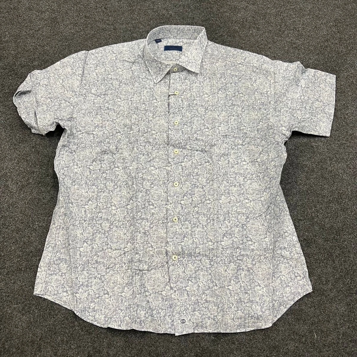 DAVID DONAHUE Stone Linen Floral Print Short Sleeve Shirt Mens Size XL