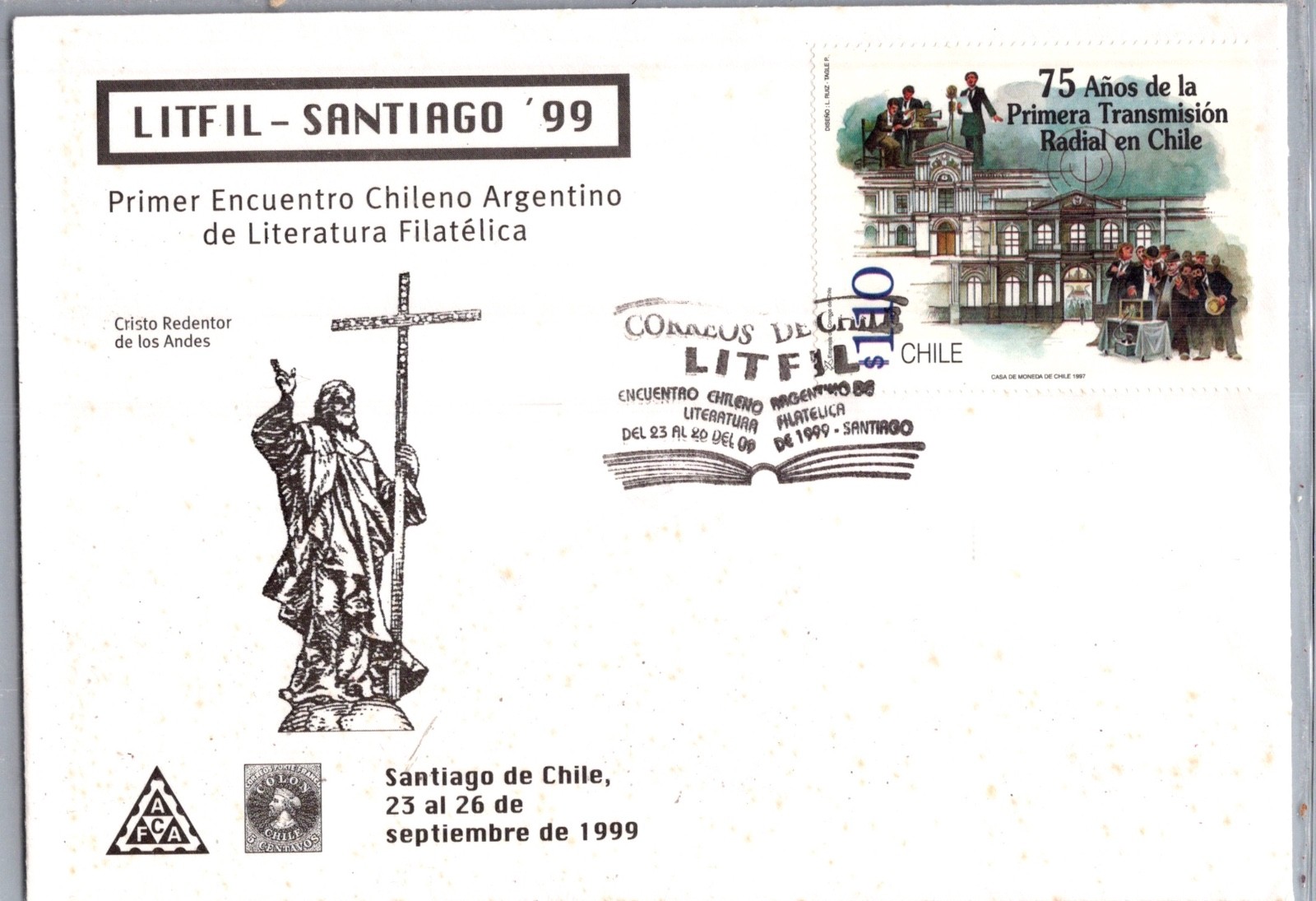 CHILE 1999 POSTAL ILLUSTRATED COVER LITFIL SANTIAGO'99 UNADDR & SPECIAL POSTMARK