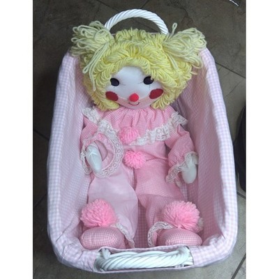 Vintage Handmade Rag Doll Clown and White Wicker Baby Buggy Pink Gingham Set