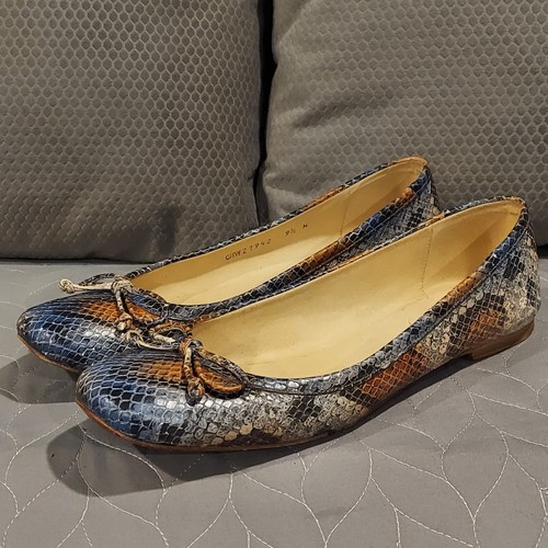 STUART WEITZMAN Leather Snakeskin BLUE Ballet Flats Square Toe Womens 9½ N VTG - Picture 1 of 15