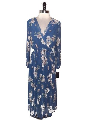 NEW EN FOCUS STUDIO Plus Sz 14W A-Line Dress Blue Pink Floral Long Sleeve Midi