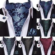 Formal Blue Men's Ascot Cravat Tie Paisley Floral Hanky Cufflinks Set Wedding