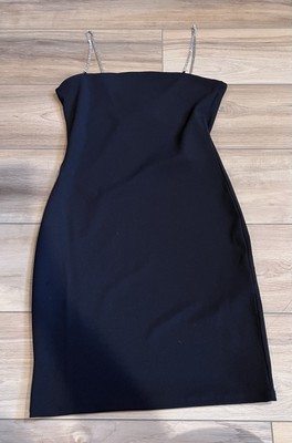 H&M Divided Sz Small Black Mini Cocktail Dress Stretch Knit Rhinestone Strap NWT
