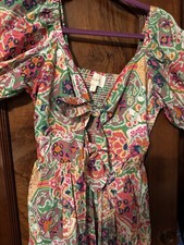 Nwot Cleobella Maxi Dress S Multicolor Puff Sleeve Square Neck Tie Front Cotton