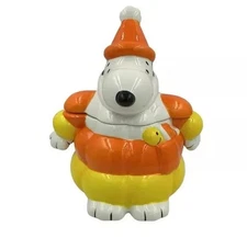 PEANUTS Snoopy & Woodstock Halloween Candy Corn Puffer Jacket Ceramic Cookie Jar