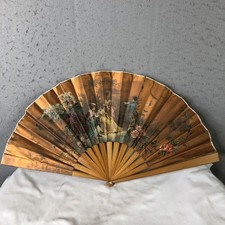 Vintage Large Romantic Garden Folding Decorative Fan Paper Wood Victorian Art