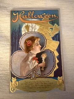 Antique Rare Halloween Post Card 1911 M.L. Jackson Witch Broomstick Owls 1911