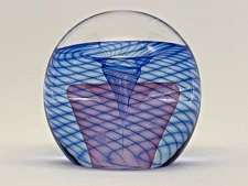 Signed Art Glass Paperweight Dated 2003, Lined Swirl Blue Red with Center Bubble