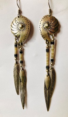 VINTAGE NATIVE AMERICAN MOTIF EARRINGS BEADS, FEATHERS LONG 4'' DROP for PIERCED