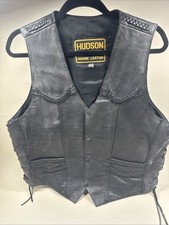 VTG Hudson Leather Genuine Leather Braided Biker Vest Black Side Lace Men 46
