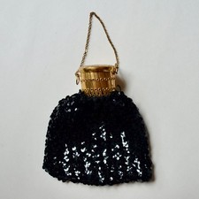 Art Deco Black Sequin Beggar's Bag Purse Accordion Gate Closure Chain Strap